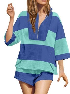 Blue‎ & Aqua Striped Women’s zip shorts set New Large